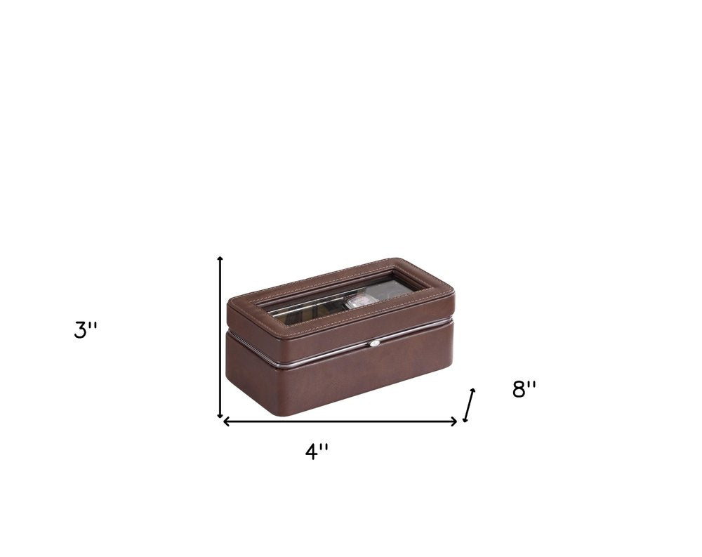 8" Brown Clear And Silver Faux Leather And Glass Six Section Watch Box With Metal Accents