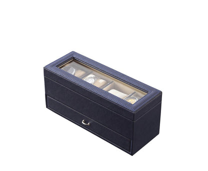 9" Blue And Clear Faux Leather And Glass Four Section Watch Box With Metal Accents
