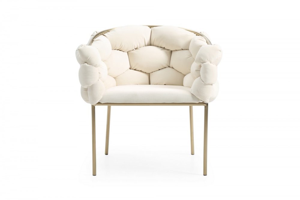 White and Brass Upholstered Fabric Dining Arm Chair