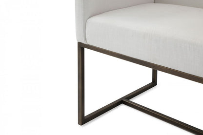 Off White and Antiqued Brass Upholstered Fabric Dining Arm Chair