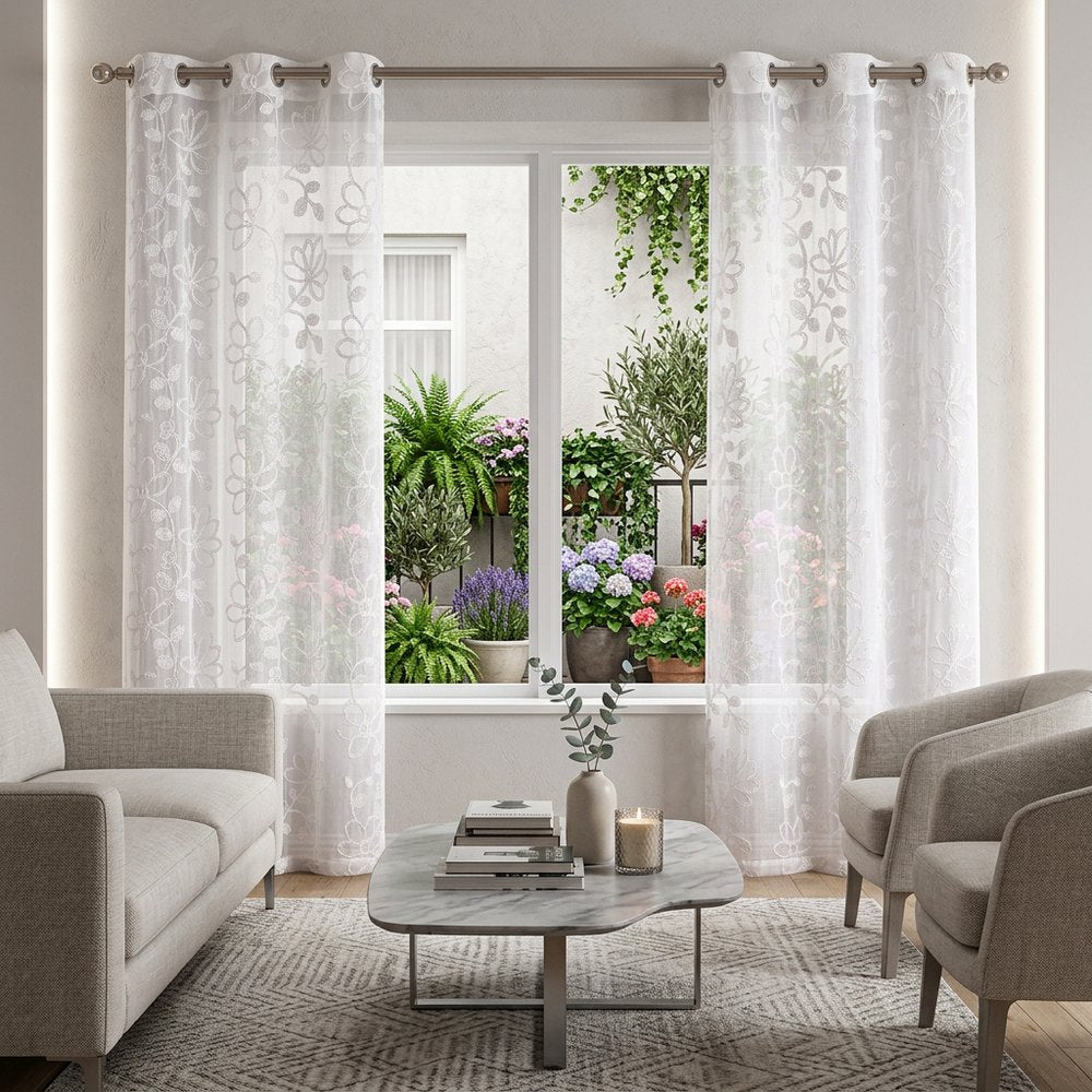 Set of Two 84"  White Floral Embroidered Window Panels