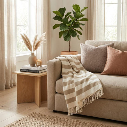 Cream and Stone Slanted Stripe Fringed Throw Blanket
