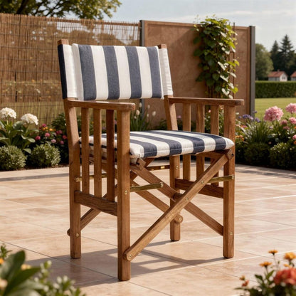 20" Blue and White and Natural Wood Solid Wood Indoor Outdoor Director Chair with Blue and White Cushion