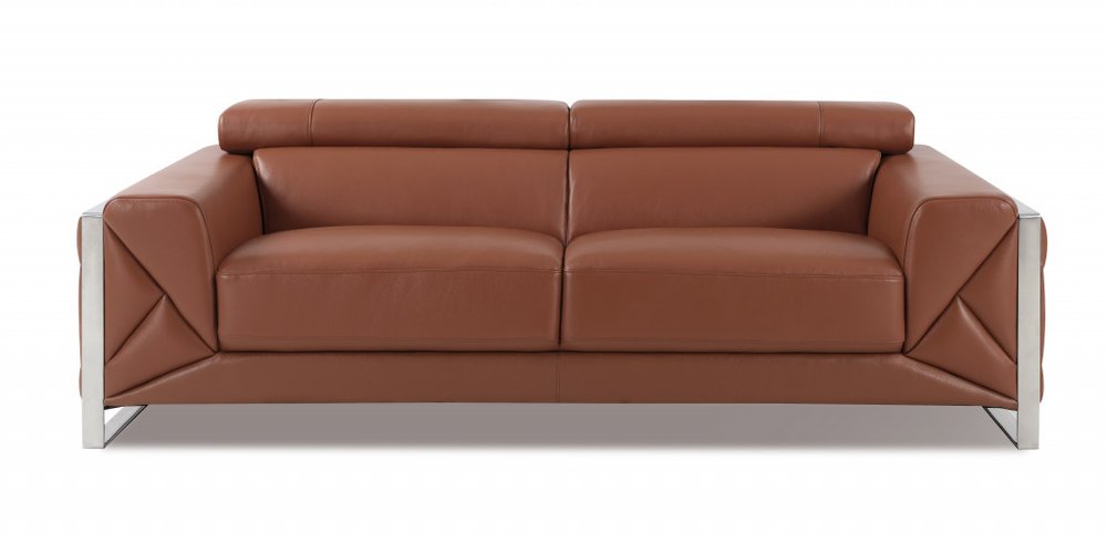 89" Light Blue Italian Leather Sofa With Chrome Legs