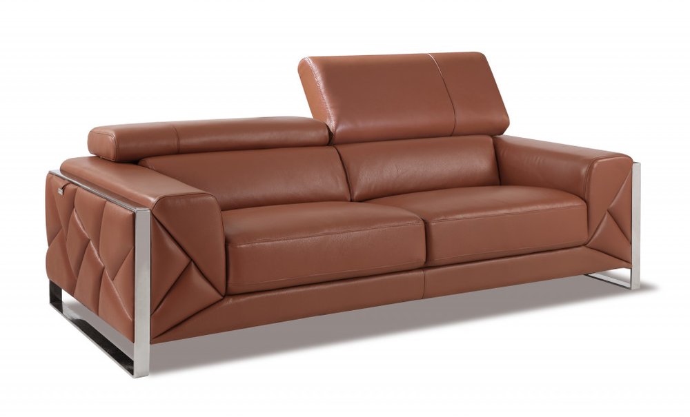 89" Light Blue Italian Leather Sofa With Chrome Legs