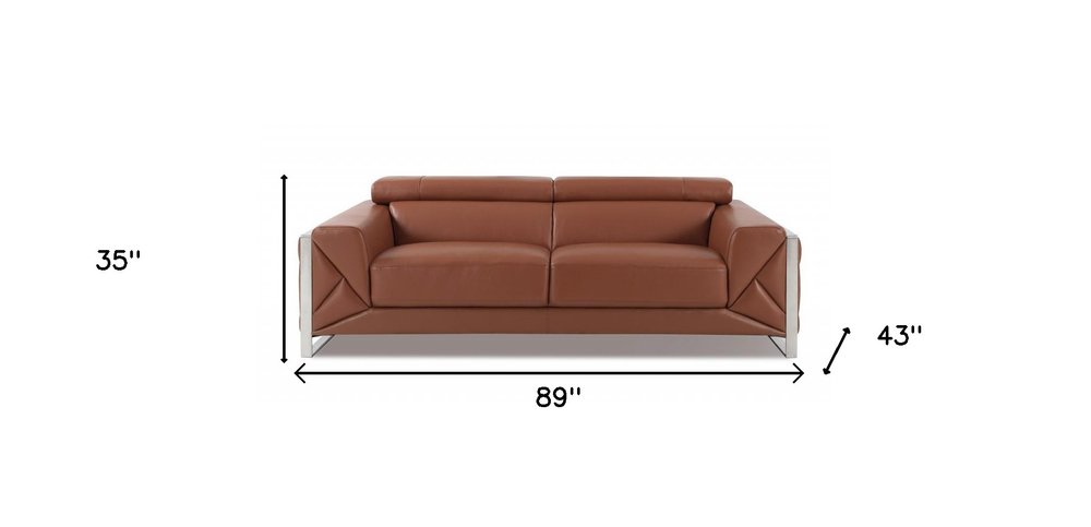 89" Light Blue Italian Leather Sofa With Chrome Legs