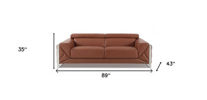 89" Light Blue Italian Leather Sofa With Chrome Legs