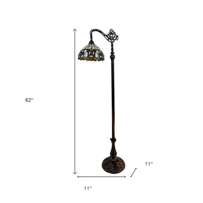 62" Brown Metal Arched Floor Lamp With Amber and Red Flowers Stained Glass Shade