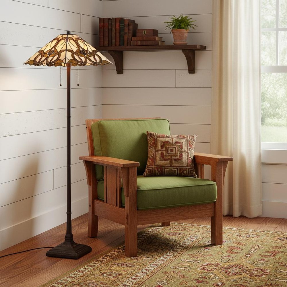 62" Beige Two Light Floor Lamp With Brown And White Glass Cone Shade