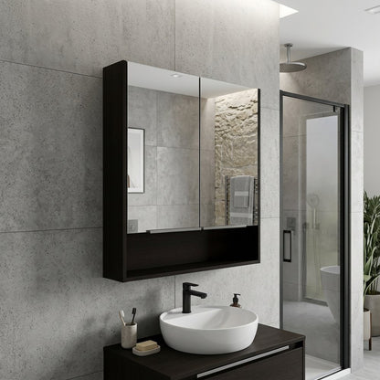 24" Black Wood Floating Double Door Bathroom Vanity And Medicine Cabinet With Mirror