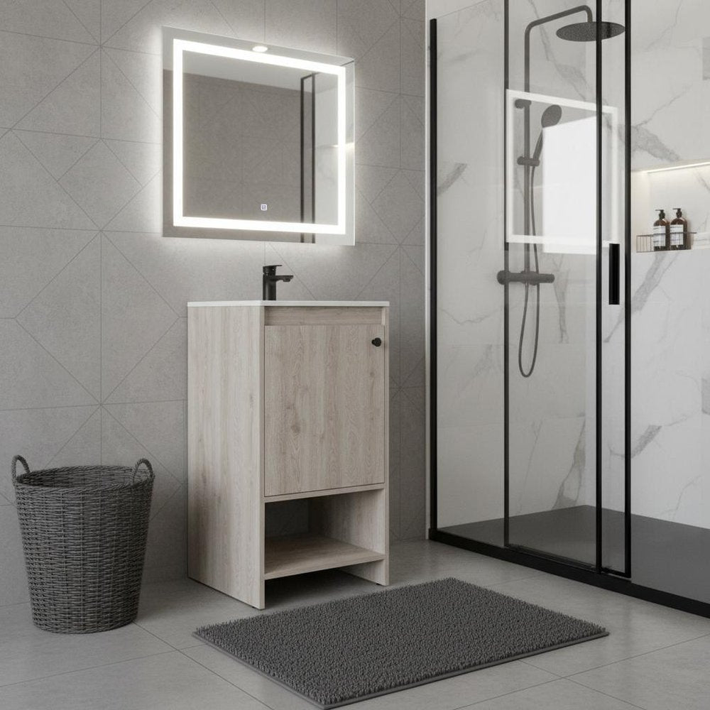 18" Light Gray Wood Freestanding Single Door Bathroom Vanity With White Sink