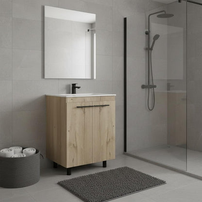 24" Oak Wood Freestanding Double Door Bathroom Vanity With White Sink
