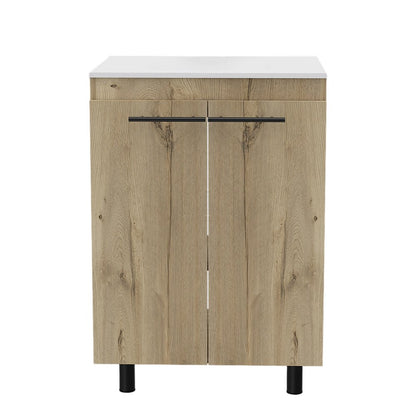 24" Oak Wood Freestanding Double Door Bathroom Vanity With White Sink