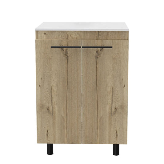 24" Oak Wood Freestanding Double Door Bathroom Vanity With White Sink