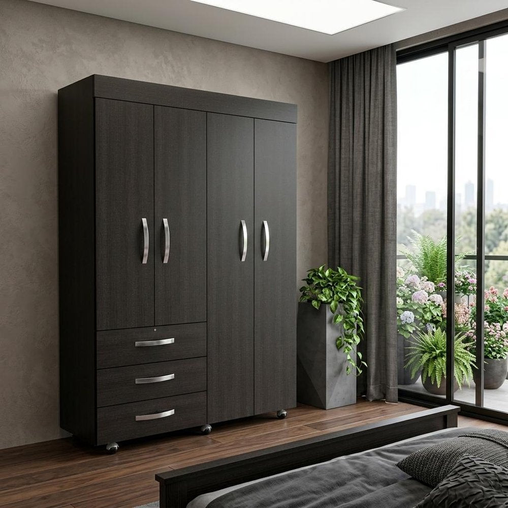 68" Black Wood Four Door Three Drawer Combo Dresser