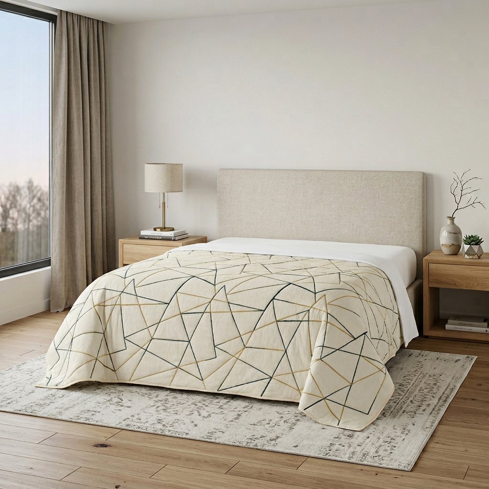 86" X 70" Gray And Ivory Geometric Cotton Quilt