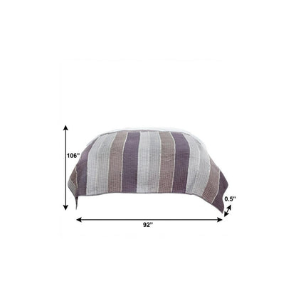 92" X 106" Cream Gray And Pale Purple Striped Cotton Quilt