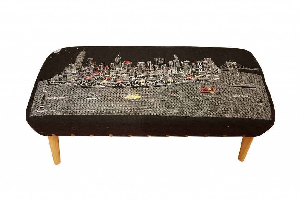 38" Gray Wool and Brown Ottoman