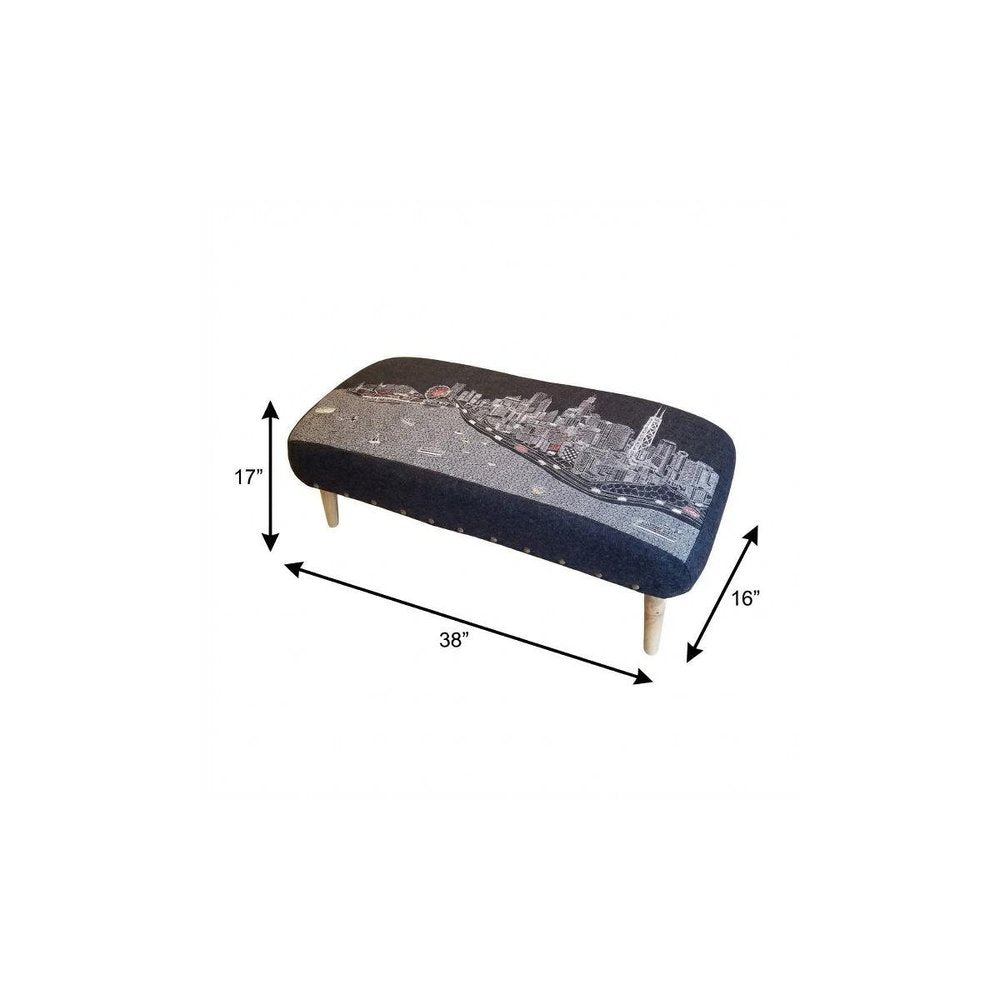 38" Gray Wool and Brown Ottoman