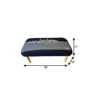 38" Gray Wool and Brown Ottoman