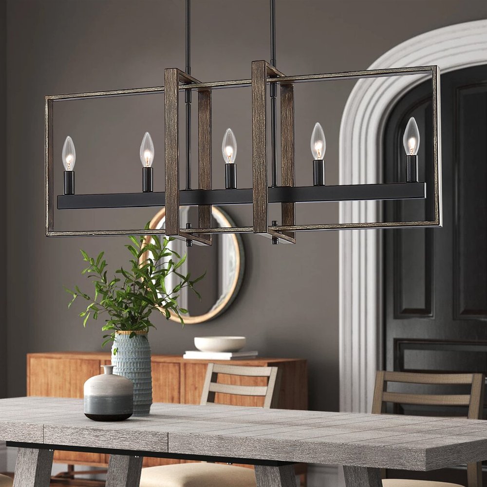 Brown And Black Kitchen Island Five Light Metal Dimmable Chandelier