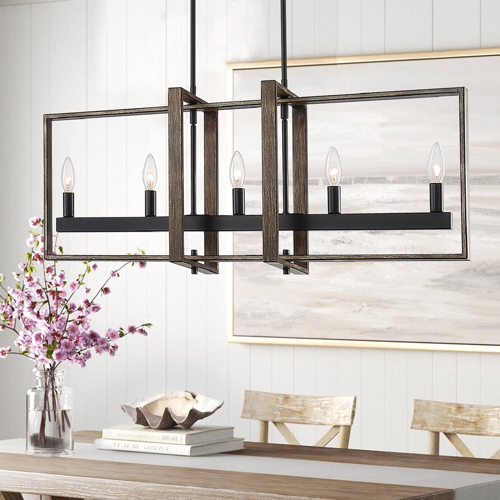 Brown And Black Kitchen Island Five Light Metal Dimmable Chandelier