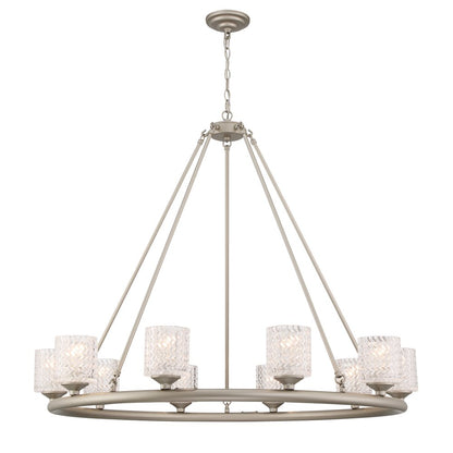 Silver Shaded Ten Light Metal Dimmable Chandelier With White Shades