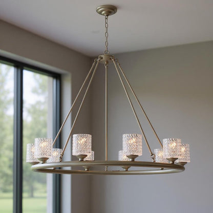 Silver Shaded Ten Light Metal Dimmable Chandelier With White Shades