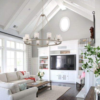 Silver Shaded Ten Light Metal Dimmable Chandelier With White Shades