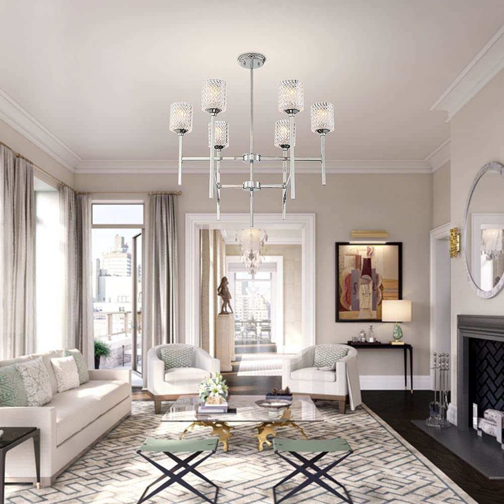 Silver Candle Style Six Light Metal Dimmable Chandelier With Clear Shades