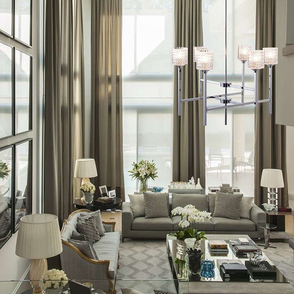 Silver Candle Style Six Light Metal Dimmable Chandelier With Clear Shades