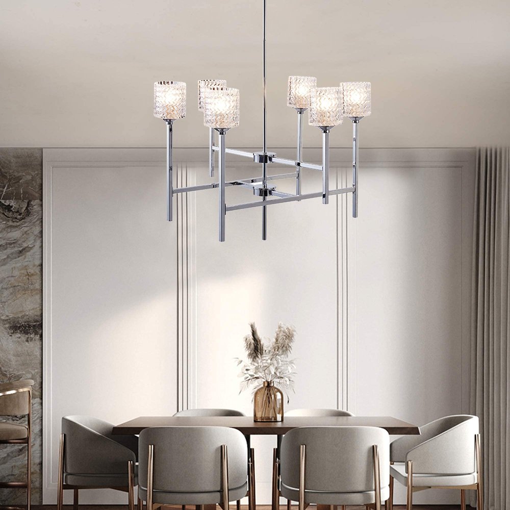 Silver Candle Style Six Light Metal Dimmable Chandelier With Clear Shades