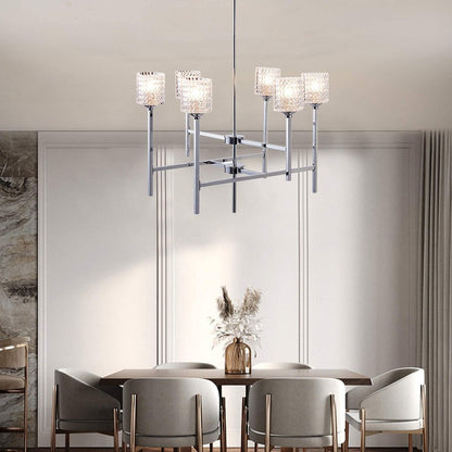 Silver Candle Style Six Light Metal Dimmable Chandelier With Clear Shades