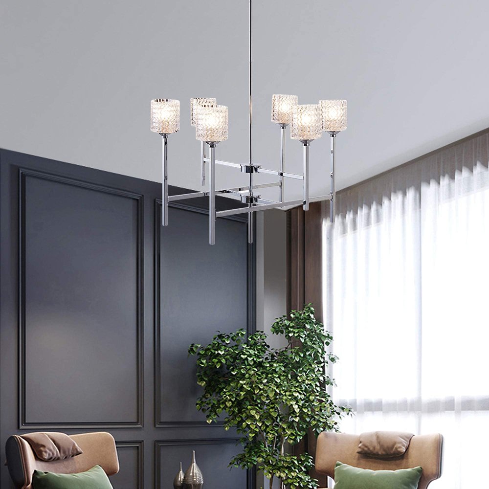 Silver Candle Style Six Light Metal Dimmable Chandelier With Clear Shades