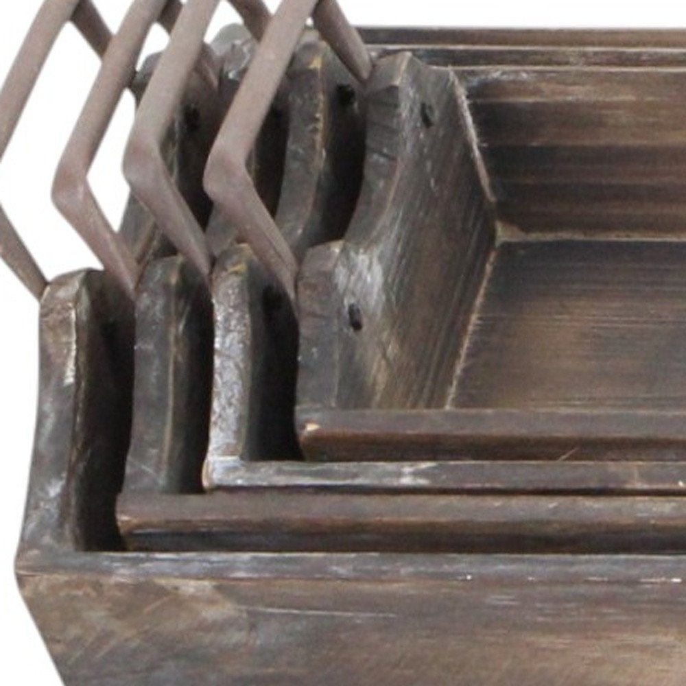 Set of Four Brown Wood Handmade Serving Tray With Handles