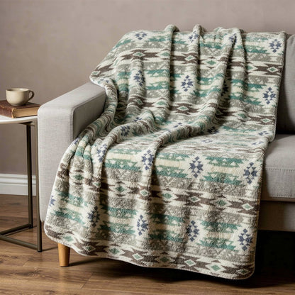 50" X 60" Ivory Gray And Green Faux Sherpa Southwestern Throw Blanket