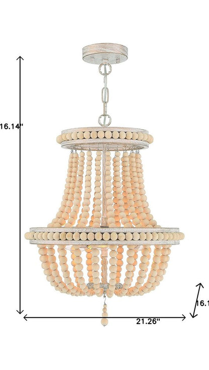 Natural And White Wood Bead Three Light Two Tier Chandelier