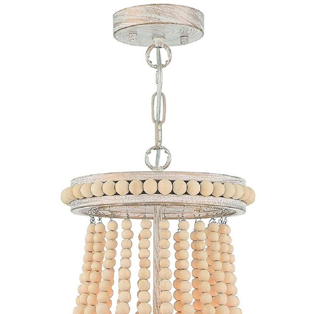 Natural And White Wood Bead Three Light Two Tier Chandelier