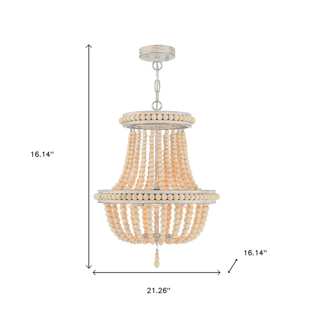 Natural And White Wood Bead Three Light Two Tier Chandelier