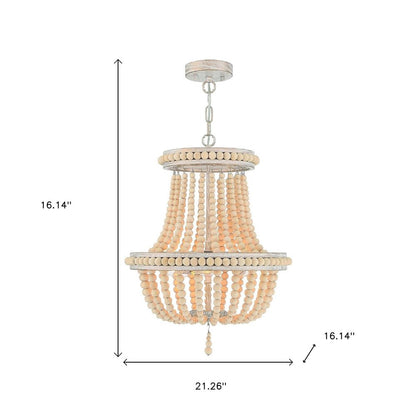 Natural And White Wood Bead Three Light Two Tier Chandelier
