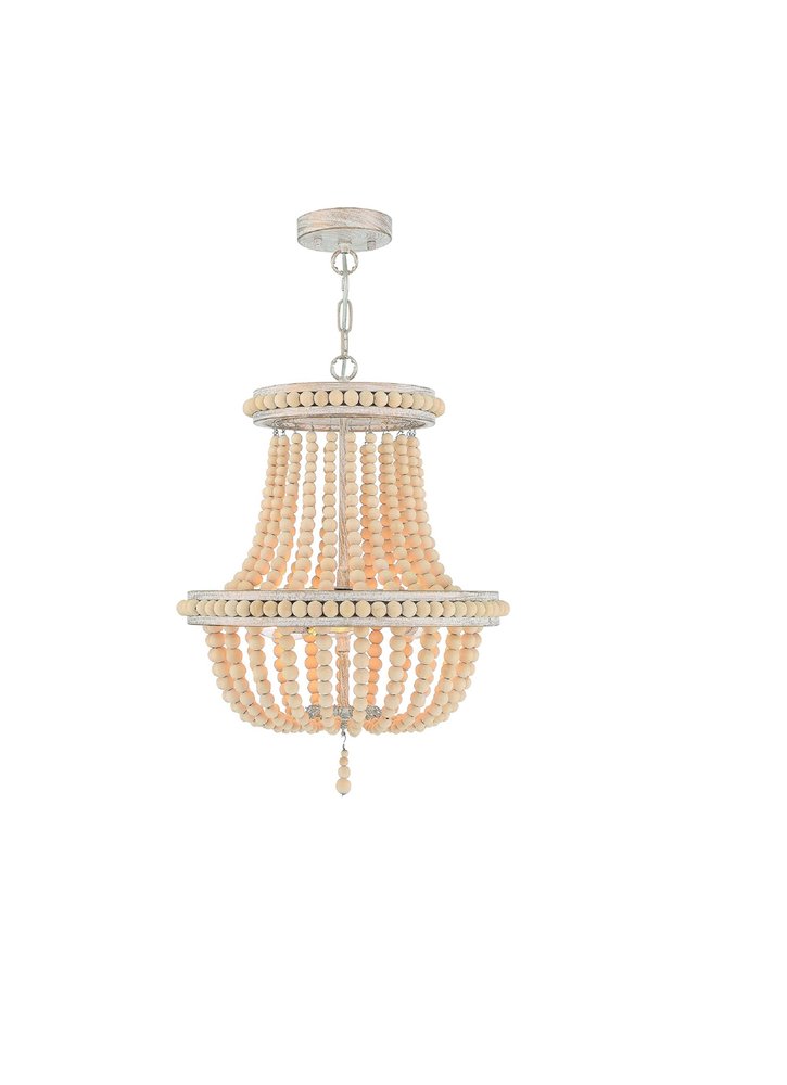 Natural And White Wood Bead Three Light Two Tier Chandelier