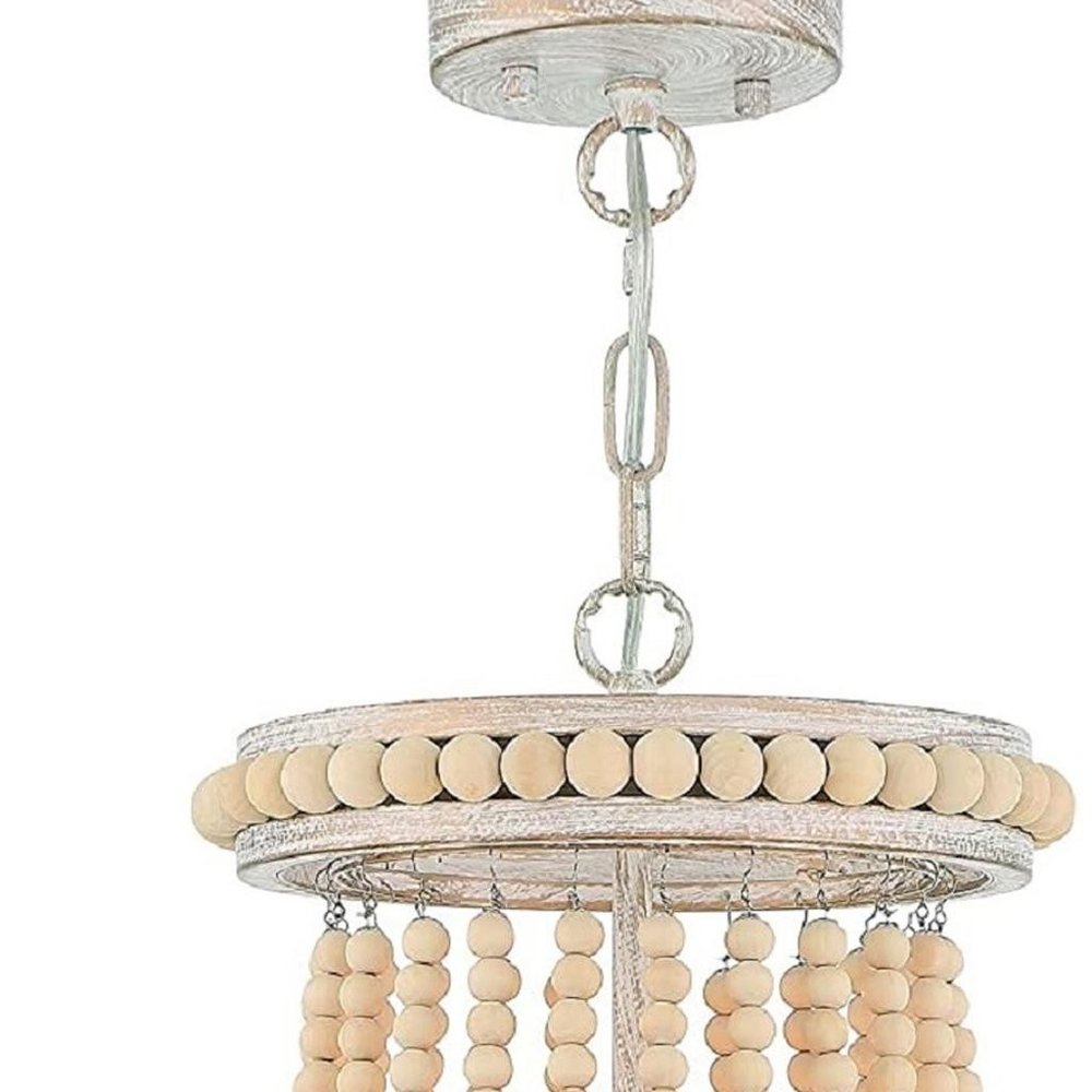 Natural And White Wood Bead Three Light Two Tier Chandelier