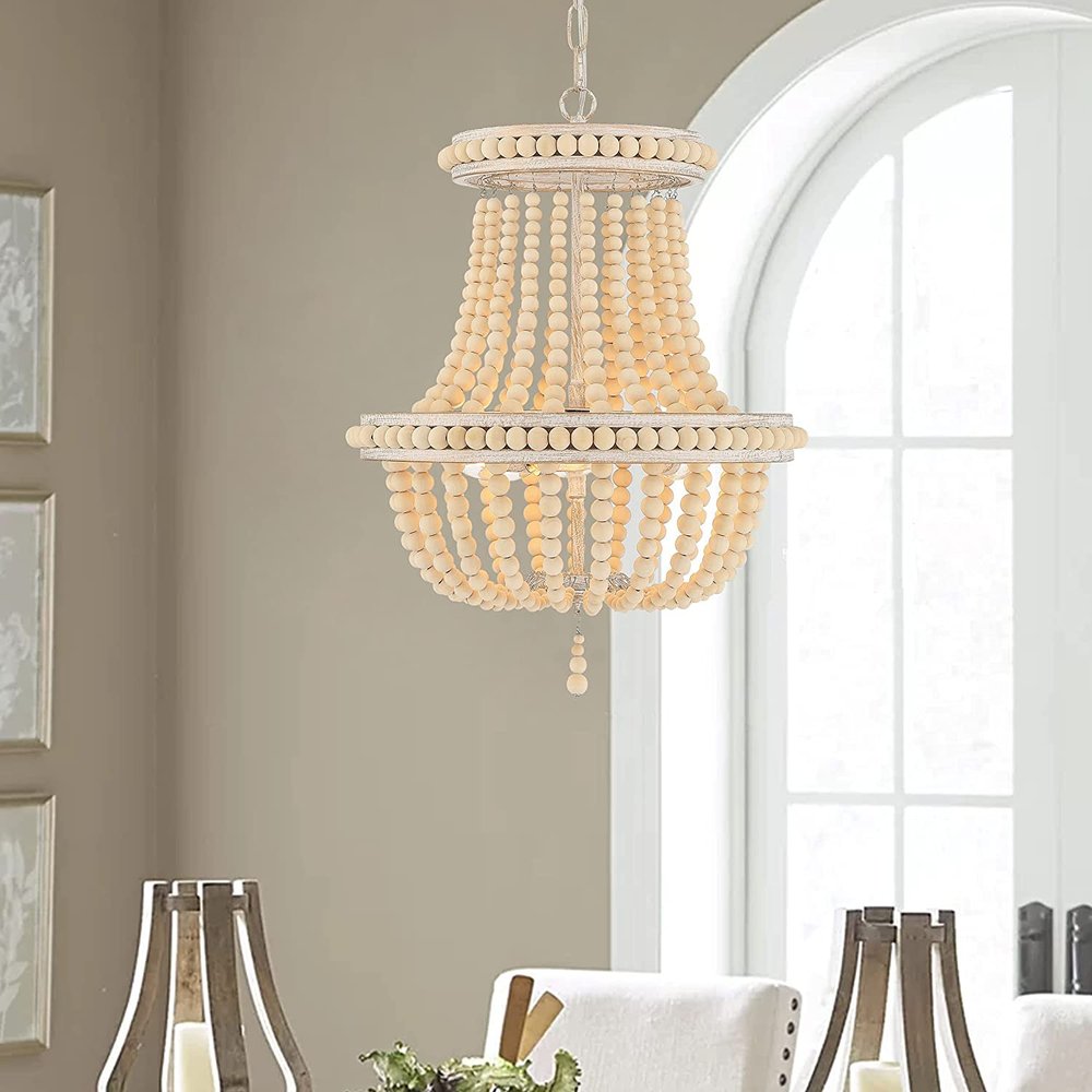 Natural And White Wood Bead Three Light Two Tier Chandelier