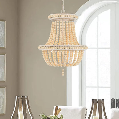 Natural And White Wood Bead Three Light Two Tier Chandelier