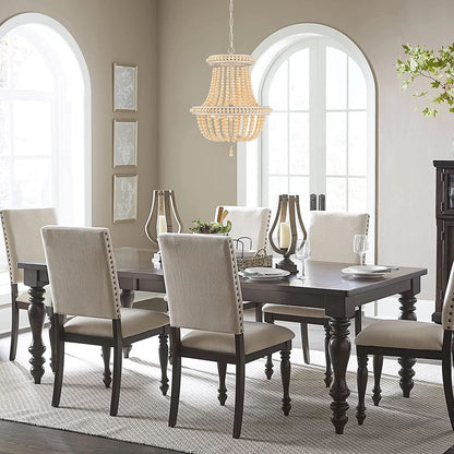 Natural And White Wood Bead Three Light Two Tier Chandelier