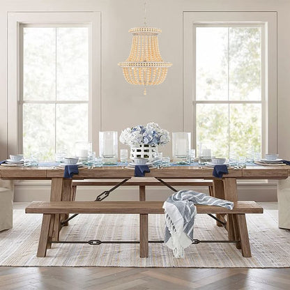 Natural And White Wood Bead Three Light Two Tier Chandelier