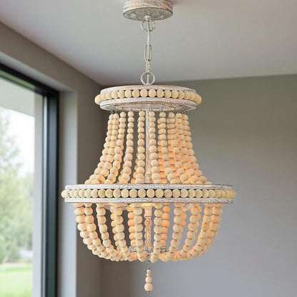 Natural And White Wood Bead Three Light Two Tier Chandelier