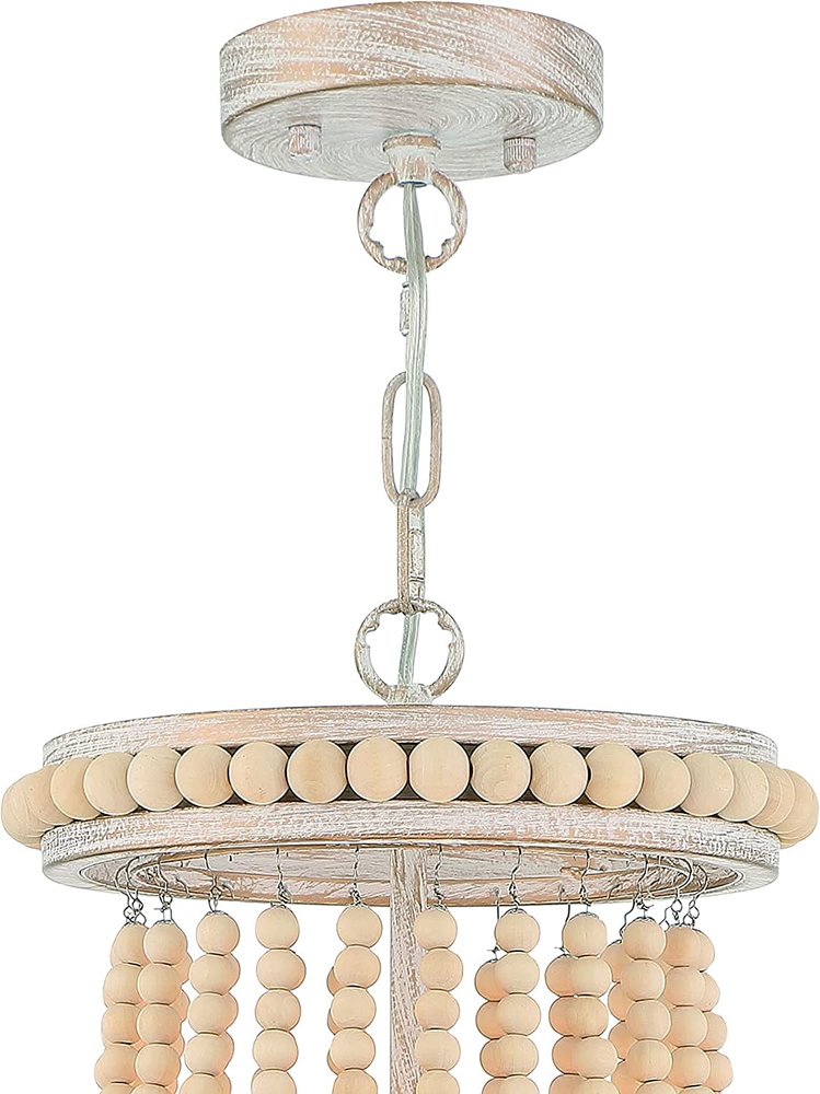 Natural And White Wood Bead Three Light Two Tier Chandelier