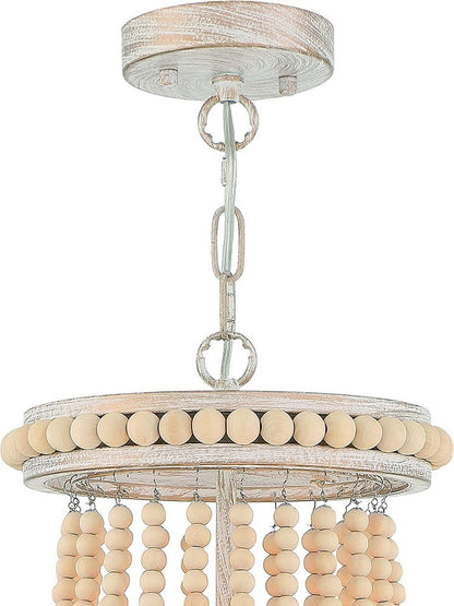 Natural And White Wood Bead Three Light Two Tier Chandelier