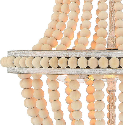 Natural And White Wood Bead Three Light Two Tier Chandelier